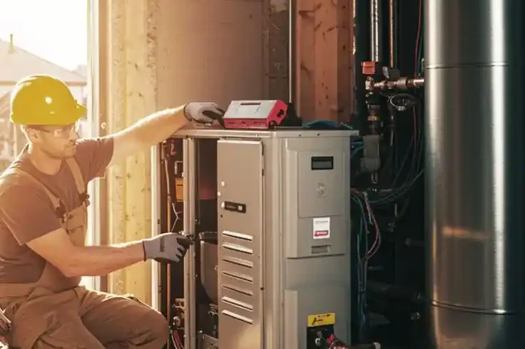 HVAC technician inspecting and servicing a residential heating system